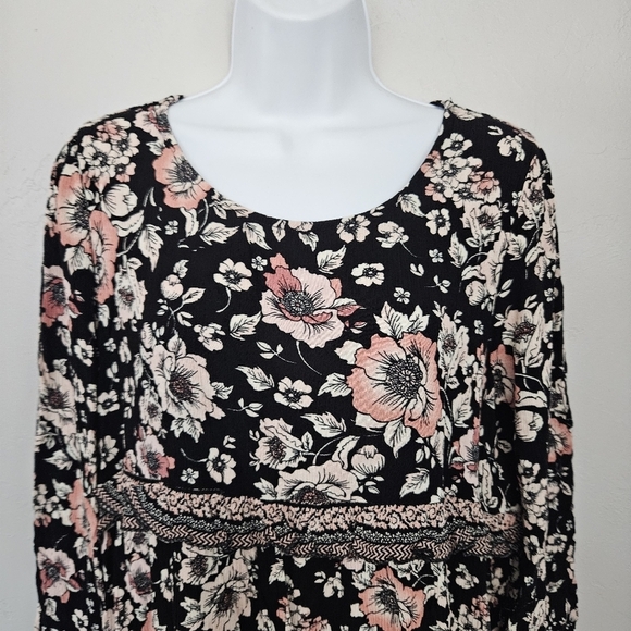 Wallflower Women's Large Long Sleeve Blouse Black Pink Floral Boho Top Shirt - Picture 2 of 7